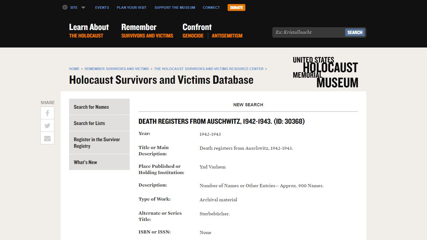 Holocaust Survivors and Victims Database -- Death registers from ...